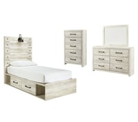 Ashley Cambeck Twin Panel Bed with 4 Storage Drawers Mirrored Dresser and Chest, Whitewash