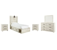 Ashley Cambeck Twin Panel Bed with 4 Storage Drawers Mirrored Dresser and 2 Nightstands, Whitewash