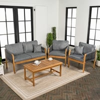 Ashley Jonathan Y Tavira Outdoor Loveseat and 2 Lounge Chairs with Coffee Table, Teak Brown/Gray