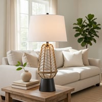 Benjara Lantern Table Lamp With Night Light, Burlap Wrapped Glass Body, Gray Metal