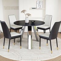 Ivy Bronx 42 - Inch Round Black Dining Table With Granite Countertop And 4 Gold Pu Chairs, Stainless Steel Legs, Stain Surface, Modern Conference Rooms 5 Piece