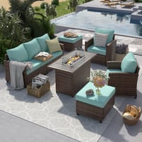 Winston Porter Samya 7 - Person Outdoor Fire Pit Seating Group with High Feet, Cushions, Ottoman