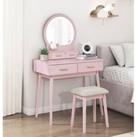 Everly Quinn Vanity Desk, Beautiful Pink Finish Vanity Dresser With Mirror And Stool Set Storage Drawers Bedroom Furniture 1Pc