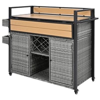 Hokku Designs 52.8"W Wicker Outdoor Grill Cart With Extended Plastic Wood Table Top, Rolling Kitchen Island On Wheels With Storage Cabinet, For Patio Backyard Garde