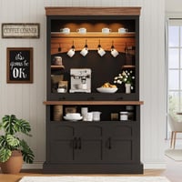 Ivy Bronx Farmhouse Coffee Bar Cabinet with LED Light, 72" Tall Coffee Bar Hutch with Storage, Sideboard Buffet Cabinet with Microwave Stand/Glass Shelf/6 Hooks