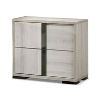 Benjara Hyao Nightstand, 26 Inch, 2 Drawers, Chrome Handles, White Wash Veneer