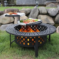 INKEDZ Fire Pit with 2 Grills, Extra Large Wood Burning Fire Pits for Outside with Lid & Poker, Heavy Duty Firepit,BBQ& Outdoor Fire Pit & Round Metal Table