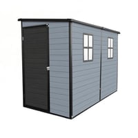 JBRHTWP8MQAPNM4E 4x8ft Outdoor Garden Shed with Floor and 2 Windows, Patio Outdoor Storage Shed with Lockable Door for Garden Tools, Bicycles, Trash Cans, Gray+Black