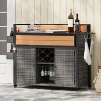 Latitude Run® K&K 52.8"W Wicker Outdoor Grill Cart With Extended Plastic Wood Table Top, Rolling Kitchen Island On Wheels With Storage Cabinet, For Patio Backyard G