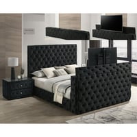 One Allium Way® 1Pc Luxurious Bed Deeply Tufted Headboard Nail Head Trim Upholstered Velvet Footboard Integrated Television Lift Mechanism Storage Furniture