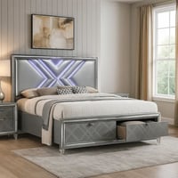 Benjara Lin Queen Size Bed W LED, Footboard Storage Drawers, Silver Upholstery