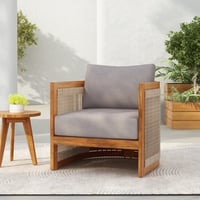 Latitude Run® Premium Acacia Wood Outdoor Club Chair, Curved Tub Design With Woven Rope Accents, Water-Resistant Cushions, All-Weather Slat Construction