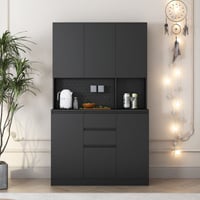 Dakota Fields 74" Kitchen Pantry Cabinet With Charging Station,Freestanding Buffet Cupboards Sideboard With Drawer,Modern Pantry Cabinet With Microwave Stand For Ki