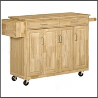 17 Stories Kitchen Island On Wheels, Natural Hardwood Kitchen Cart With Drawers, Storage Cabinets, And Tool Caddy, Microwave Cart For Dining Room, 54 Inches Wide