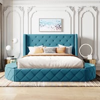Rosdorf Park Upholstered Platform Bed Queen Size with Storage, Velvet Wingback Headboard, and Side Stools for Elegant and Functional Bedrooms.