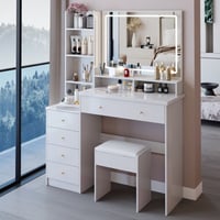 Mercer41 41" Large Size Left Bedside Cabinet Vanity Table+Cushioned Stool, Extra Large Touch Control LED Mirror, 3-Color Switch, Multi Layer High Capacity Stor