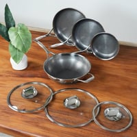 Livwell DiamondClad 7 Piece Hybrid Nonstick Stainless Steel Frying Pan Cookware Set with Wok and Tempered Glass Lids - PFOA Free, Dishwasher Safe, Ove