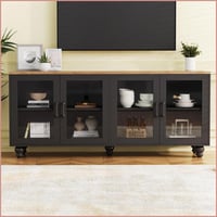 Ophelia & Co. TV Furniture Farmhouse White TV Stand with Glass Doors, Fits 70” TVs | Adjustable Shelves | TV Size Ranges | White+Natural