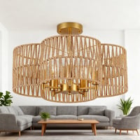 caimen 5-Light Boho Semi Flush Mount Ceiling Light Fixture With Hand-Woven Rattan Shade, Farmhouse Chandelier For Bedroom Dining Room Entryway Hallway Kitche
