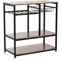17 Stories Rustic Brown Kitchen Baker's Rack With Microwave Stand, 3-Tier Storage Shelf With Heavy-Duty Metal Frame & Casters, 84X40X85Cm