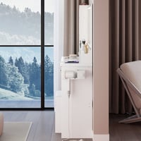 Brayden Studio® Left Bedside Cabinet Vanity Table+Cushioned Stool Dresser Set, 2 AC+2 USB Power Station, Hair Dryer Stand, Extra Large Touch Control LED Mirror, 3-Col