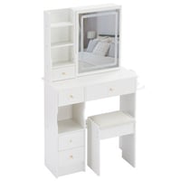 Ebern Designs Compact Vanity Table with LED Mirror & Power Outlets – Small Space Dressing Table with Stool, USB Charging & Hair Dryer Holder