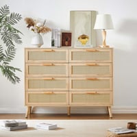 Bay Isle Home™ Bedroom dresser, 8 Double Dresser with rattan drawers, wood chest of drawers for kids room, living room, entry and hallway, Natural