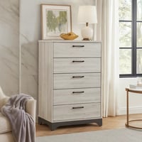Benjara Wly Tall Dresser Chest, 5 Drawers With Black Handles, White Oak & Gray
