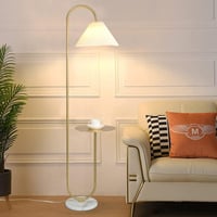 Everly Quinn Elegant Floor Lamp With Tray Table, Foot Switch & Brass Finish - Light Yellow Pleated Shade