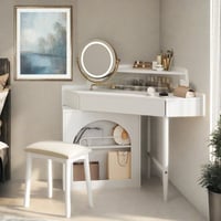 Wrought Studio™ Corner Makeup Vanity Desk With Adjustable Folding Mirror, 3-color Led Lighting, Adequate Storage And Stool