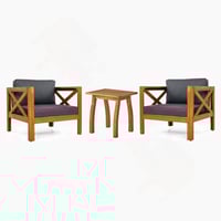 Gracie Oaks 3 Piece Patio Conversation Set, Outdoor Wood Leisure Seat(Set of 2),Armchair with Cushions,Selma Acacia Wood End Table ,Teak Finish,Blue cushion