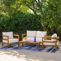 Ashley Linon Creston Outdoor Loveseat and 2 Armchairs with Cocktail Table, Brown/Beige