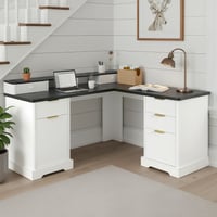 Noble House 59 Modern L-Shaped Desk with Charging Station Monitor Stand Drawer and Storage Cabinet White