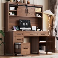 Aukfa Farmhouse Computer Desk with Hutch & Charging Station  Home Office Executive Desk  Sliding Barn Doors and 5 Drawers Walnut