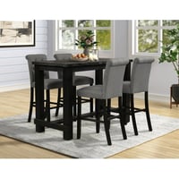 Roundhill Furniture Leviton Antique Black Finished Wood 5-Piece Pub Set  Table with 4 Upholstered Barstools  Gray