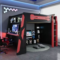 Euroco Full Size Loft Bed with Desk  Gaming Bed with RGB Light and Storage Selves  Red
