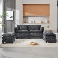 MOONMISS Chenille Upholstered Wood Frame Detachable Armrests Loveseat Sofa with 2 Ottomans-Black