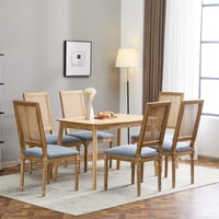 Christopher Knight Home Vintage Upholstered Dining Chairs Cane Backrest Solid Wood Frame Denim Blue Set of 6