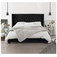 Nathaniel Home King Upholstered Platform Bed Frame Low Profile Deep Button Tufting Bed Frames with Diamond Nailhead Trim Wingback Headboard Black