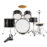SKYSHALO KFFKFF Children s Drum Kit  5-Piece   16     Complete Starter Set including Bass  Toms  Snare  Floor Drum  Adjustable Seat  Cymbal  Hi-Hat  Pedal  & Two Drumstick Pairs  Ideal for Beginners  Black