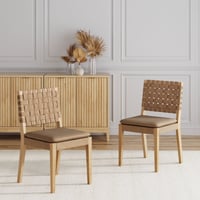 Nathan James Cohen 19 in. Wood Dining Chair  Mid-Century Modern Upholstered Side Chair with Hand Woven Faux Suede Backrest  Natural Brown  Set of 2