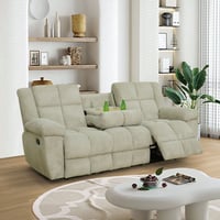 MAYEERTY 3-Seater Recliner Sofa  Off-White Stripe Fabric Manual Reclining Sofa with Flip-Up Cup Holder Board for Living Room