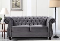 US Pride Furniture Fender 67.6   Velvet Rolled Arm Chesterfield Loveseat  Gray