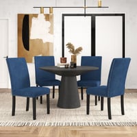 Roundhill Furniture Aurora 5-Piece Round Dining Set  Pedestal Dining Table with 4 Velvet Chairs  Blue