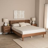 Baxton Studio Rina Mid-Century Modern Ash Walnut Finished Wood 3-Piece Full Size Bedroom Set with Synthetic Rattan