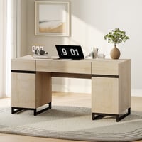 WAMPAT Office Furniture Set: 59in Modern Executive Desk with Charging Station and Drawers and Four 72in Tall Bookcases  Home Office Furniture for Living Room  Bedroom  Brown
