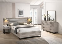 Roundhill Furniture Alvear Upholstered Wood Wallbed Bed with White LED Lights  Dresser  Mirror  and 2 Nightstands  Weathered Gray  Queen