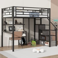 Euroco Metal Full Size Loft Bed with Desk and Shelves Storage Wardrobe and Cabinets for Kids Teens Black
