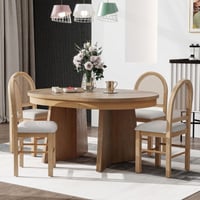 Euroco 5-Piece Round Dining Table Set for 4 Retro Extendable Kitchen Table with 4 Upholstered Chairs Wood Kitchen Table and Chairs Set for Saving Space Natural