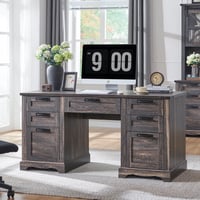 OKD Farmhouse Executive Desk  Rustic Office Desk with Charging Station and Keyboard Tray Home Workstations with File Drawer  Storage Cabinet Wood Computer Writing Desk  Dark Rustic Oak